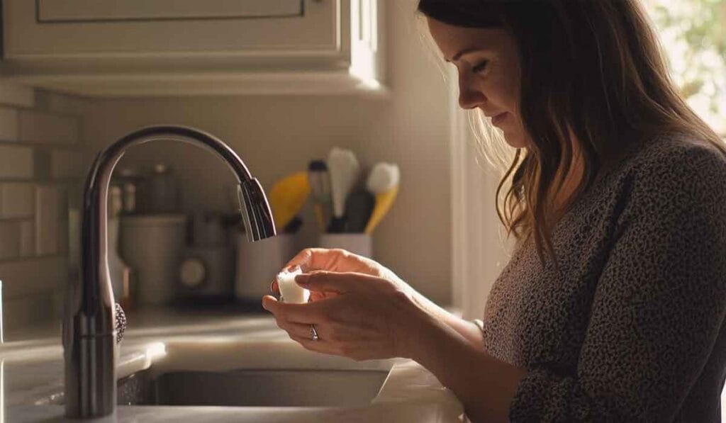 A woman stands by a kitchen sink, washing a white object under a faucet. Sunlight filters through a nearby window.