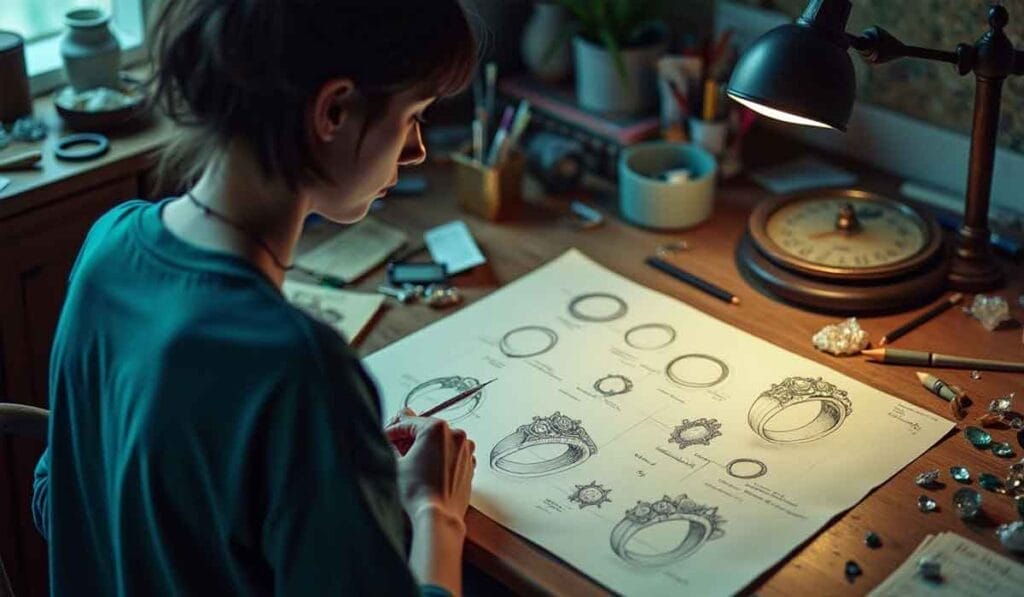 Person sketching intricate ring designs on large paper at a cluttered desk with a lamp, clock, and various tools and materials.