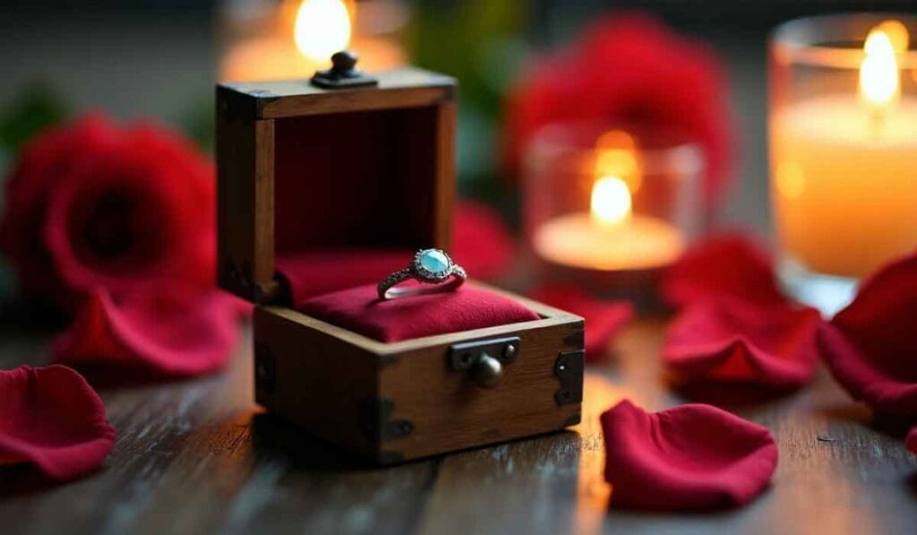 A ring in an ornate box, surrounded by red rose petals and lit candles.