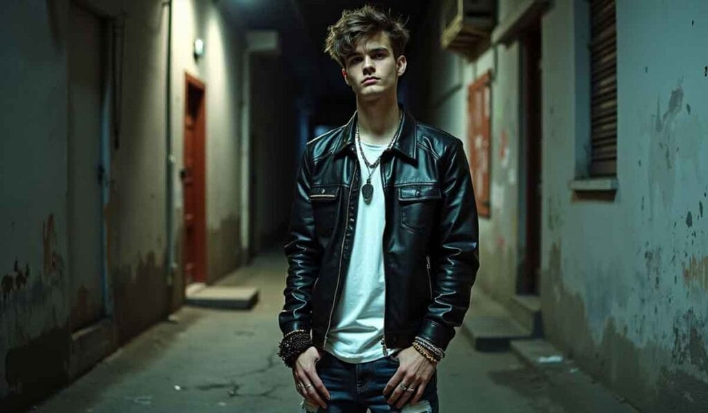 Young man with styled hair wearing a leather jacket and white shirt stands in a dimly lit urban alley with worn walls.