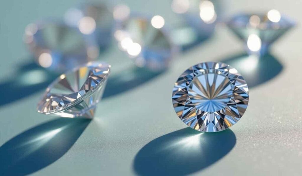 Close-up of multiple cut diamonds on a light surface, with reflections and shadows visible.