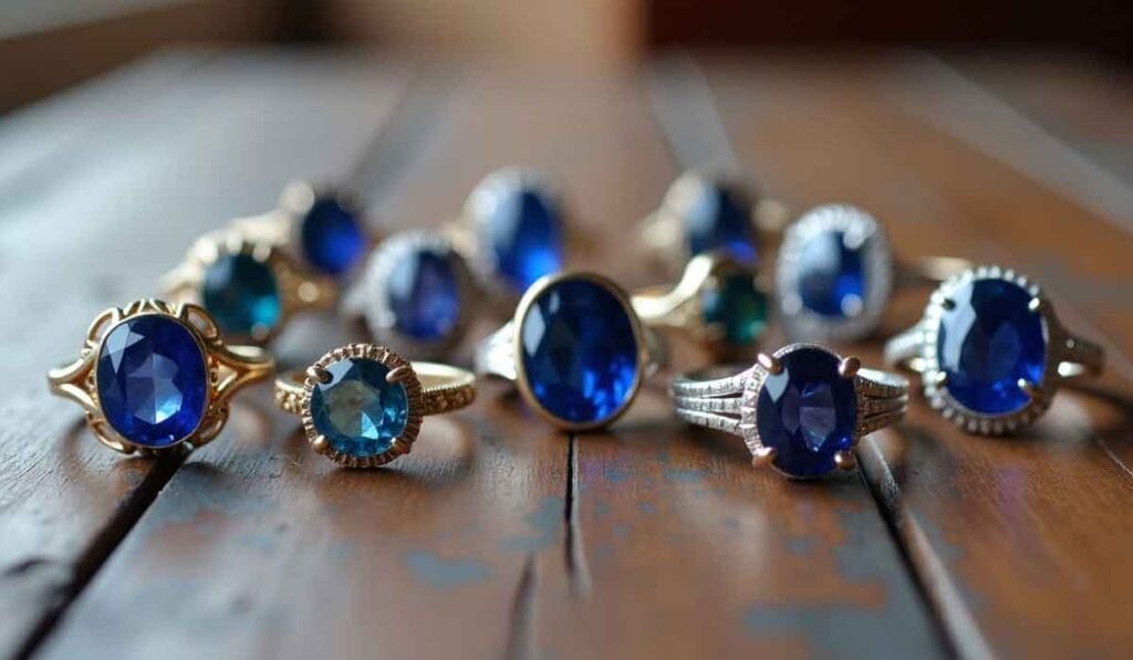 A collection of sapphire rings with various designs placed on a wooden surface.