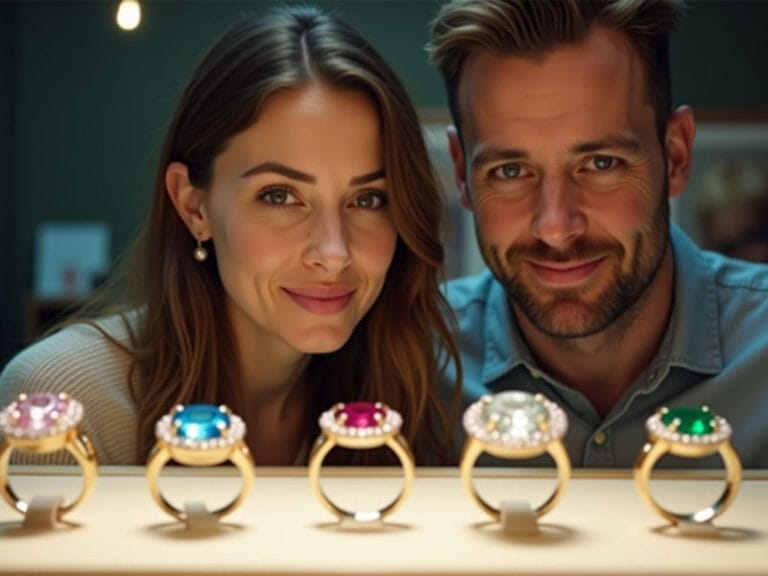 A woman and a man smiling, standing behind a display of five gemstone rings.