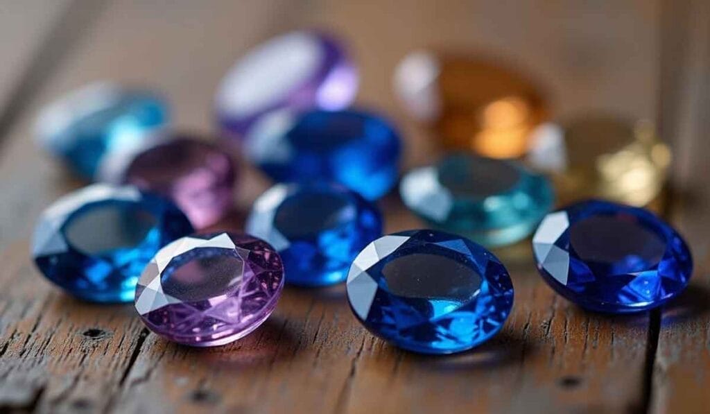 A collection of variously colored gemstones, including blue, purple, and gold, are scattered on a wooden surface.