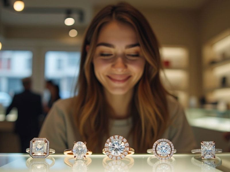 A woman smiles while looking at five different diamond rings displayed on a counter in a jewelry store.