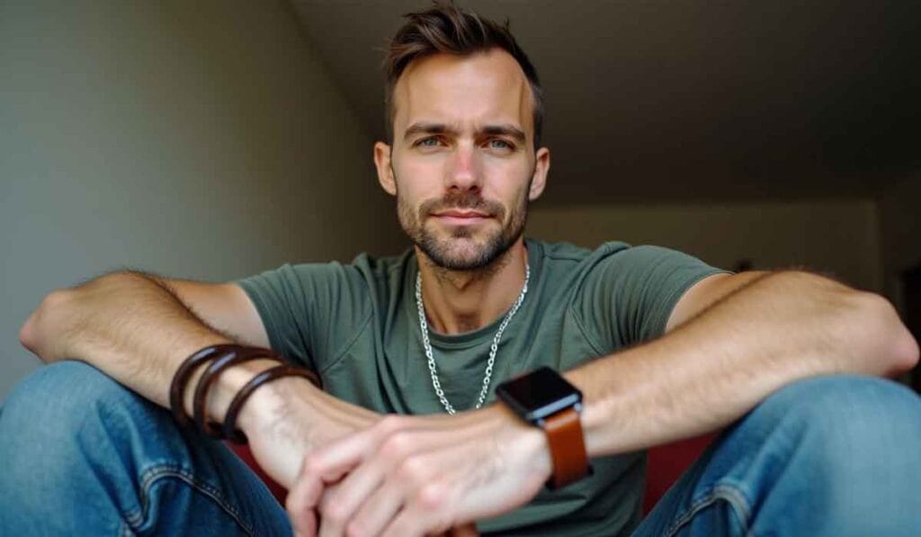 A man with short hair and facial hair is sitting casually indoors, wearing a green t-shirt, jeans, a necklace, a wristwatch, and bracelets. He looks directly at the camera.