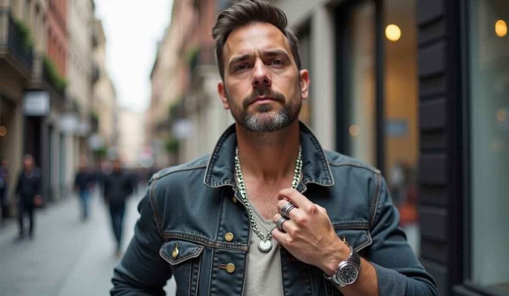 Man with short hair and a beard wearing a denim jacket, a chain necklace, rings, and a wristwatch stands on a city street with blurred pedestrians and buildings in the background.