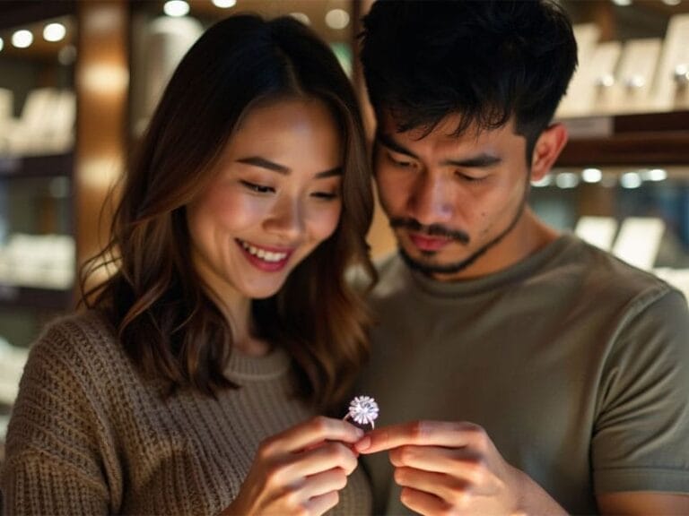 A couple looks at a flower-shaped diamond ring in a jewelry store, appearing pleased and focused.