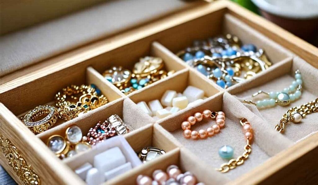 A wooden jewelry organizer with compartments containing various pieces of jewelry, including bracelets, earrings, and necklaces in gold and pearl designs.