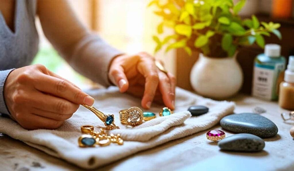 A person examines various pieces of jewelry, including rings and watches, on a cloth-covered surface with a small potted plant and stones nearby.