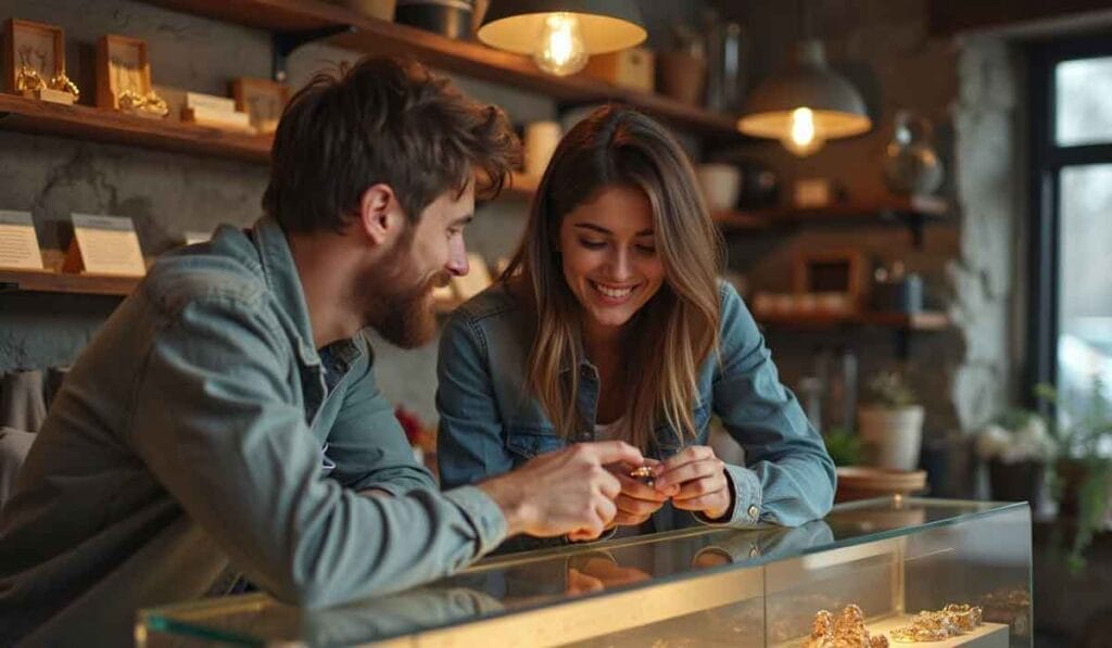 A man and a woman examine jewelry in a display case at a store, both smiling and wearing casual denim jackets.