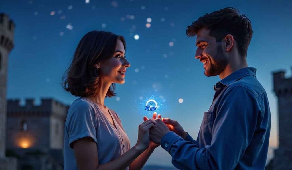 A man and a woman exchange an illuminated, floating orb while holding hands, standing outside at dusk with castle-like structures in the background.