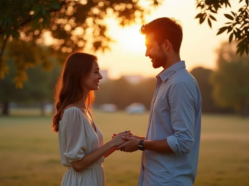 A couple holds hands and gazes at each other while standing in a sunlit park during sunset.