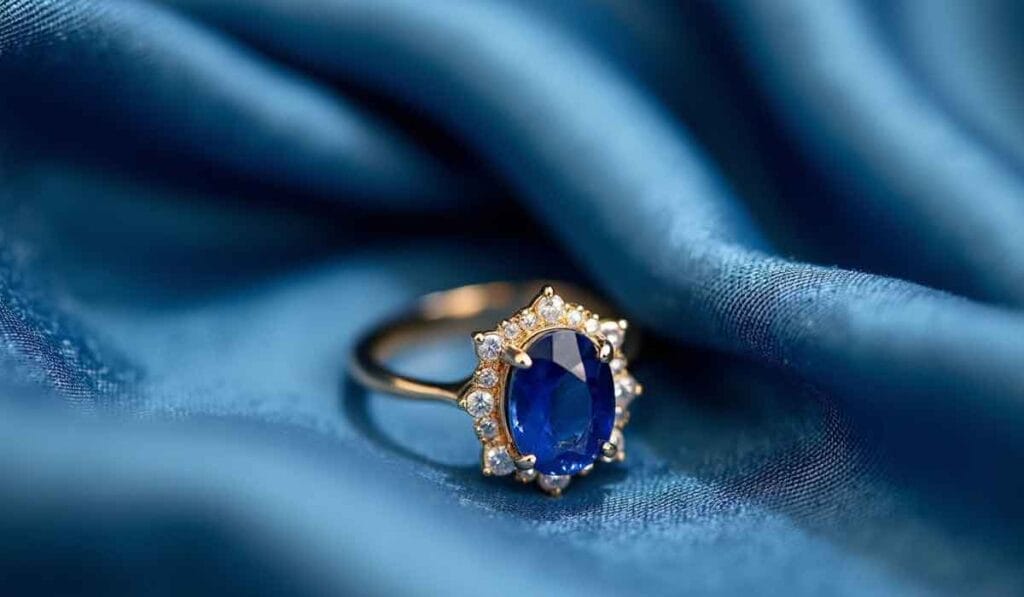 A gold ring featuring an oval blue gemstone surrounded by small diamonds is placed on blue fabric.