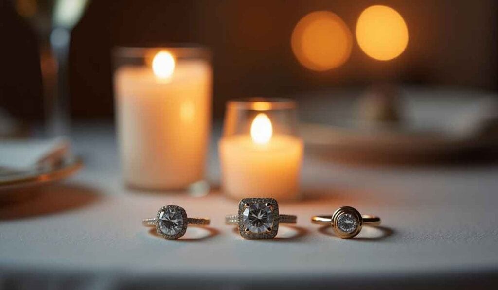 Three diamond rings are displayed on a white surface with three lit candles and blurred background lights.