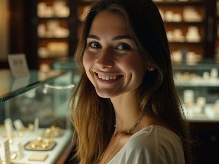 A woman smiles in a jewelry store, standing near a glass display filled with various pieces of jewelry.