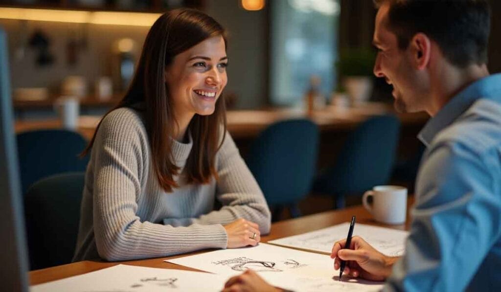 Two people sit at a table engaging in a conversation, with paper sketches in front of them and coffee cups on the table.