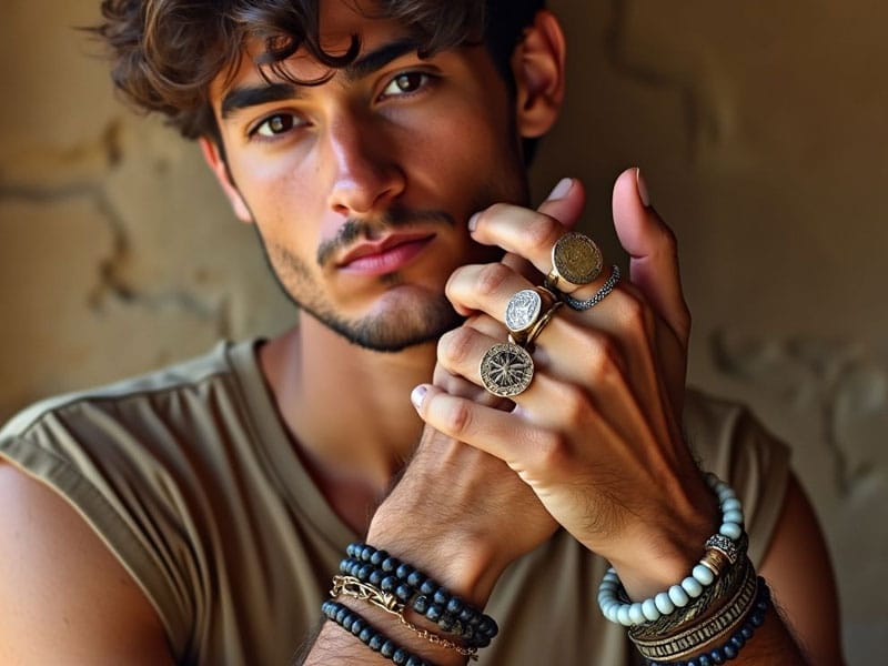 A person with brown curly hair wearing multiple rings and beaded bracelets poses with their hands near their face against a beige background.