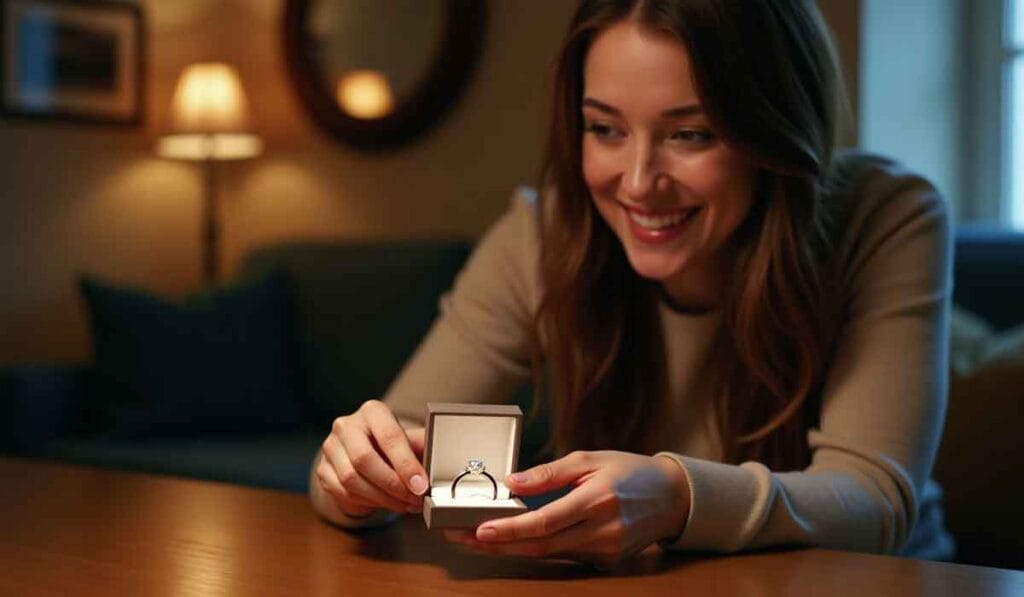 A woman smiles as she holds an open ring box displaying a diamond ring. She is sitting at a table with a lit lamp and mirror in the background.