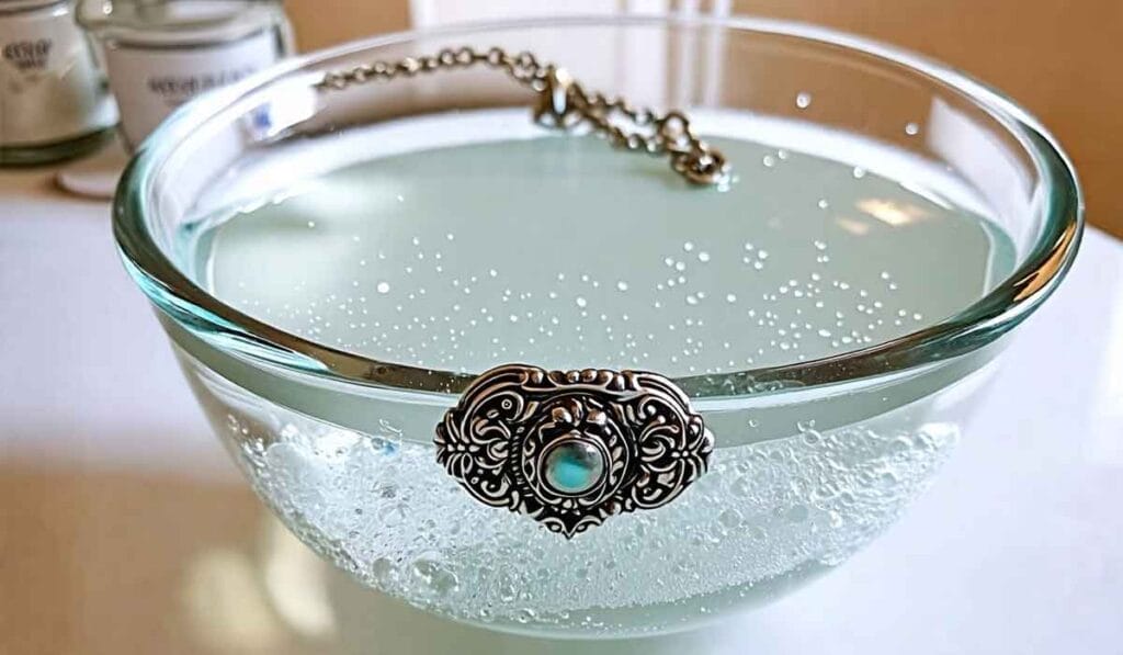 A decorative metal chain with a turquoise stone is partially submerged in a bowl of water with bubbles. Two small jars are blurred in the background.