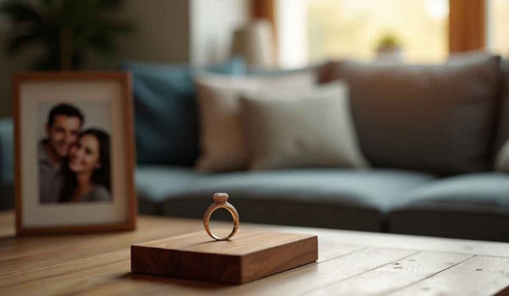 Engagement ring displayed on a wooden pedestal on a table, framed photo of a smiling couple is in the background, with a sofa and cushions further back.