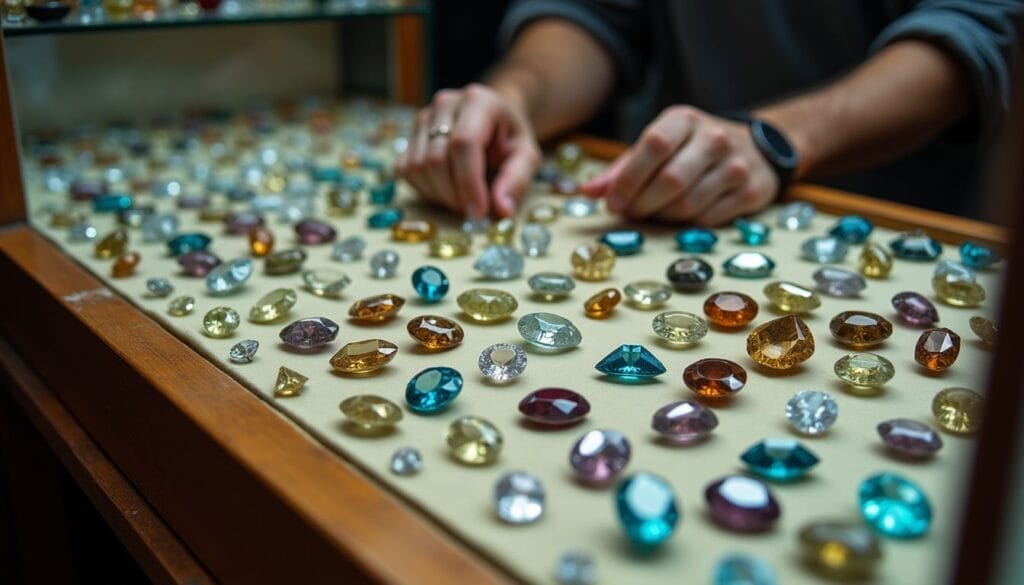 A person arranges various colored gemstones displayed on a countertop.