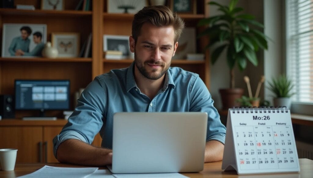 A man in a blue shirt sits at a desk, using a laptop. A calendar is visible on the table, and bookshelves and a plant are in the background.