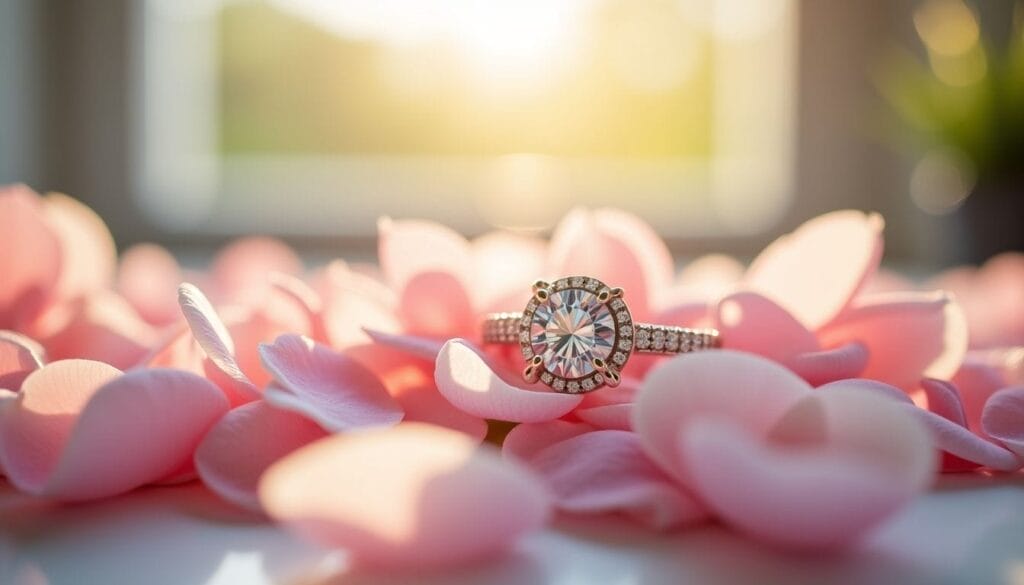 A diamond ring is surrounded by pink rose petals with soft sunlight filtering through a window in the background.