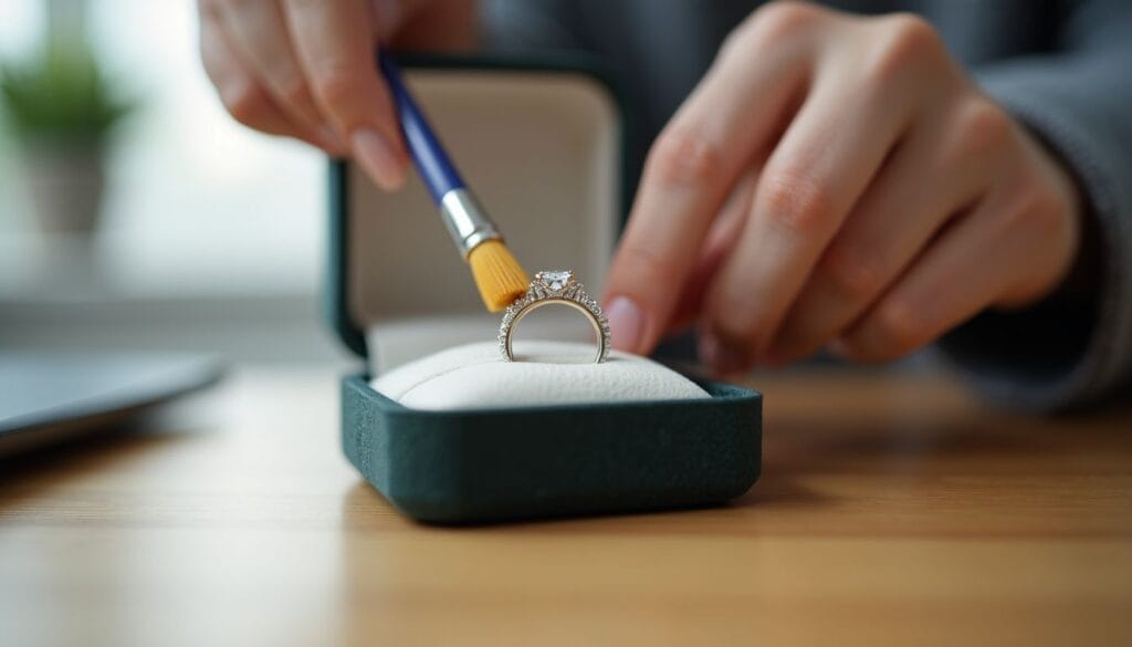 A person carefully cleans a diamond ring with a brush, holding the ring in a green jewelry box.