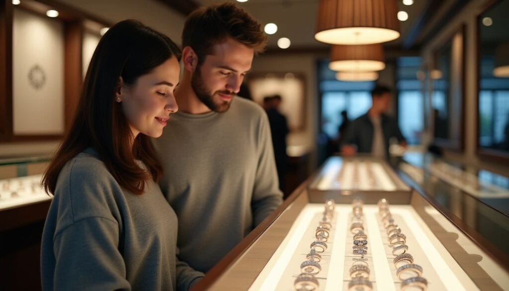 A couple examines a display case filled with watches in a well-lit store.