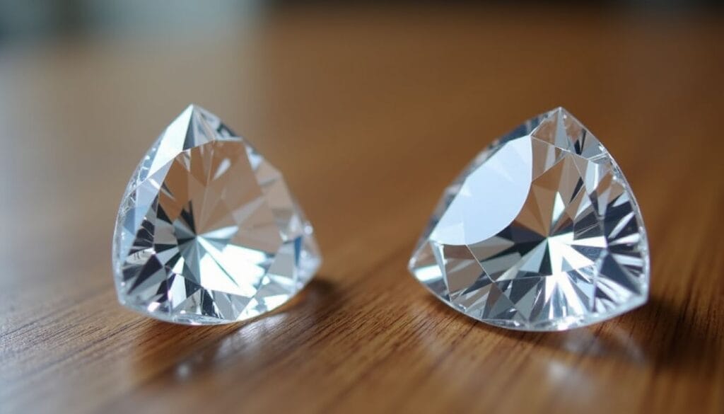 Two faceted, triangular diamonds sit on a wooden surface, reflecting light.