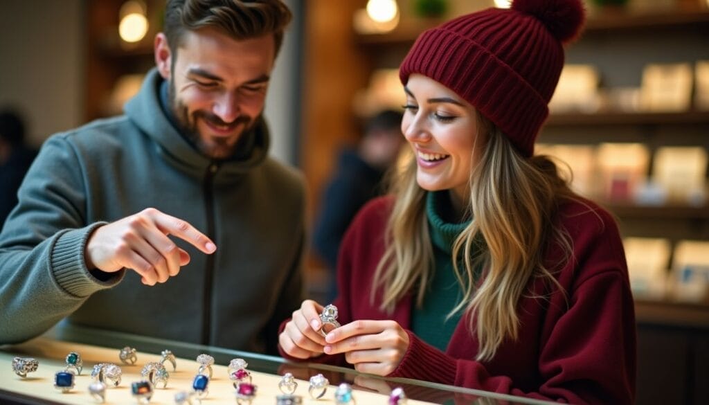 A couple smiling and looking at jewelry displayed in a store. She is holding a ring, and he is pointing at it.