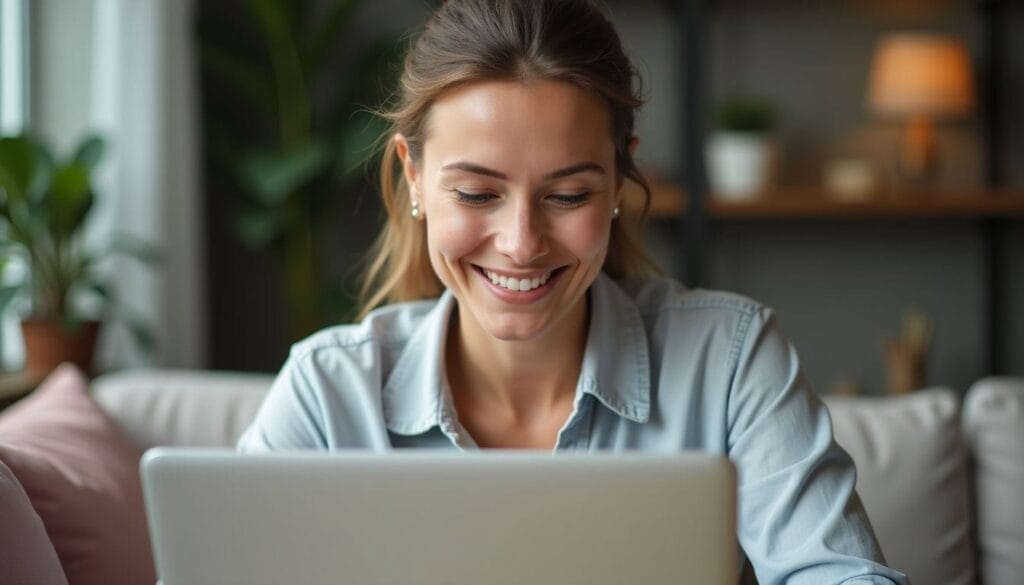 Woman smiling while using a laptop on a sofa in a cozy living room setting.