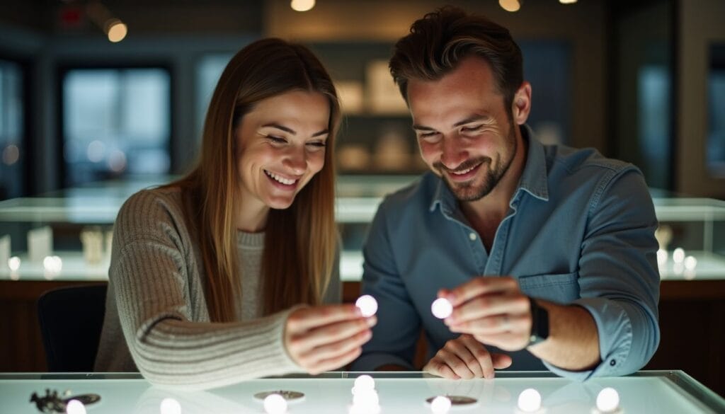 A smiling couple examines gemstones under bright lighting at a jewelry store display.