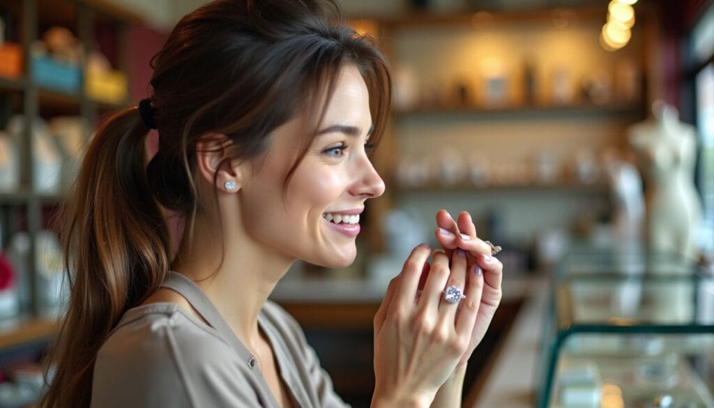 Woman smiling while looking at jewelry in a store, holding her hands near her face.