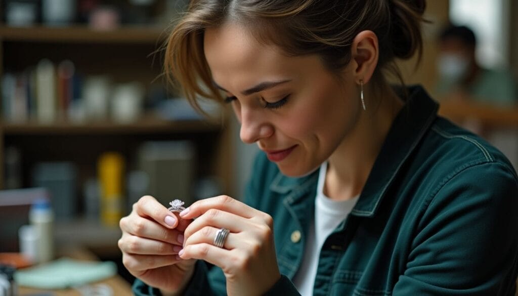 A woman in a green jacket closely examines a small object with focused attention, sitting in a room with bookshelves in the background.