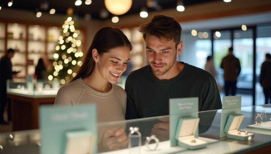 A couple looks at jewelry in a store, smiling, with a Christmas tree in the background.