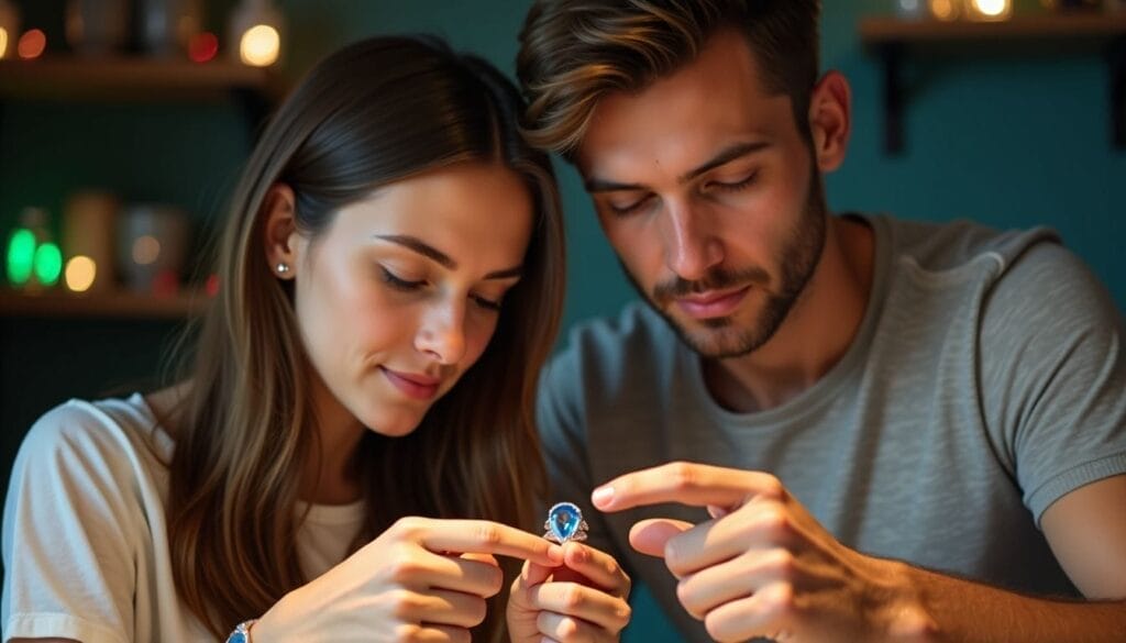 A couple closely examines a small blue object together, focused and thoughtful.