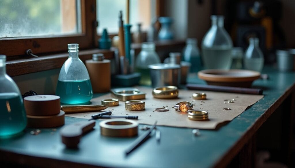 A workshop table with jewelry tools, ring molds, and scattered gemstones. Glass bottles with blue liquid and window light in the background.