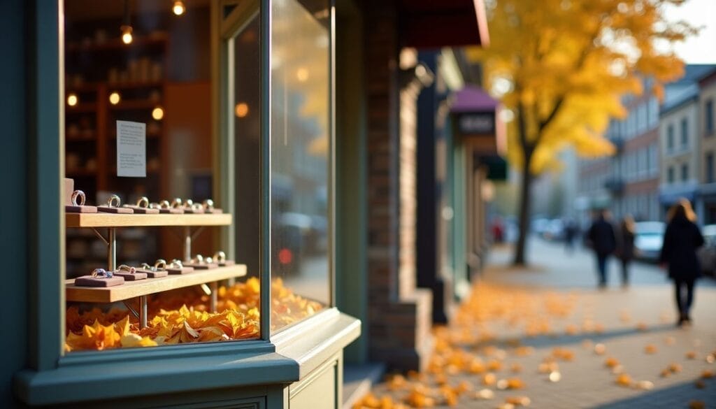 A shop window displays pastries on a sunny autumn day. Yellow leaves cover the ground, and people walk along the street lined with trees and buildings.