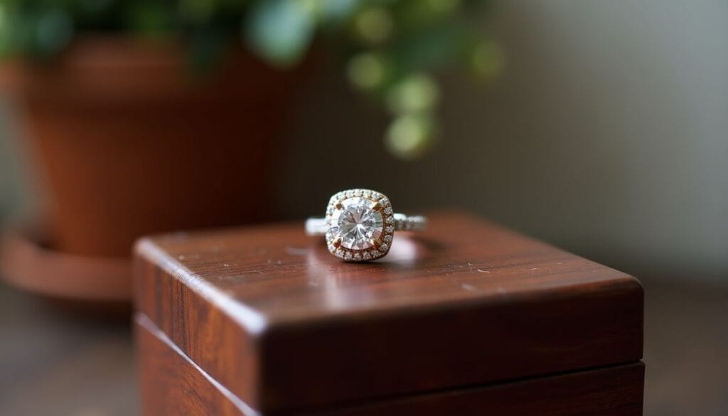 A diamond ring with a halo setting is displayed on a wooden box, with a blurred plant in the background.