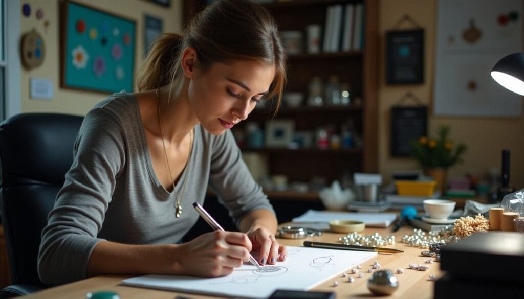 A person is seated at a desk working on a drawing in a well-lit room filled with art supplies and decorations.