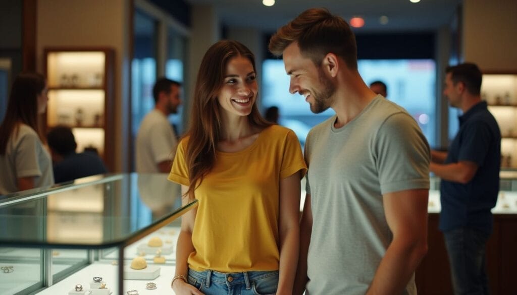 A smiling couple stands near a jewelry display case in a store, surrounded by other shoppers in a well-lit environment.