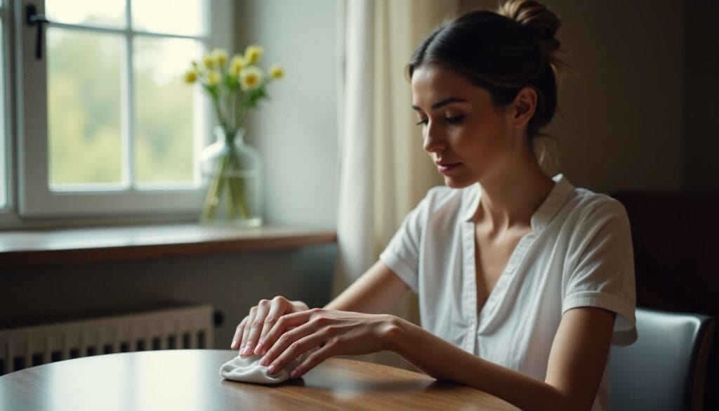 Woman in a white shirt cleans a round wooden table with a cloth near a window with a vase of flowers.