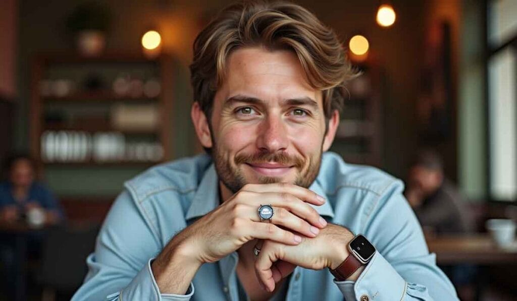 A man with a beard and mustache, wearing a light blue shirt, a wristwatch, and a ring, sitting with his hands clasped and smiling in a dimly lit room.