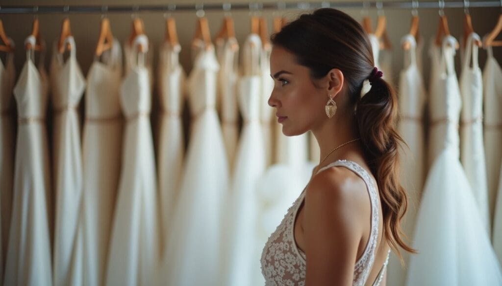 A woman in profile view is wearing a lace dress and earrings, standing in front of a row of white dresses on hangers.