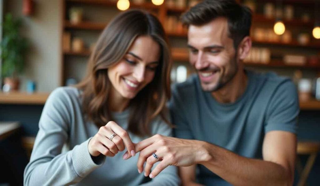 A smiling man and woman are seated together, holding hands and wearing matching rings. The background suggests a cozy indoor setting with blurred lights and wooden shelves.