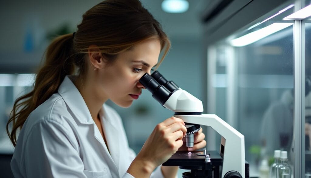 A woman in a lab coat closely examines a sample using a microscope in a laboratory.