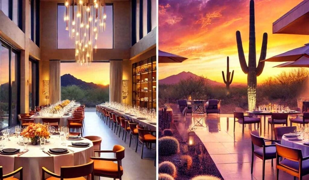 A dining room with round tables and an elegant chandelier on the left; an outdoor patio with tables, chairs, and cacti at sunset on the right.