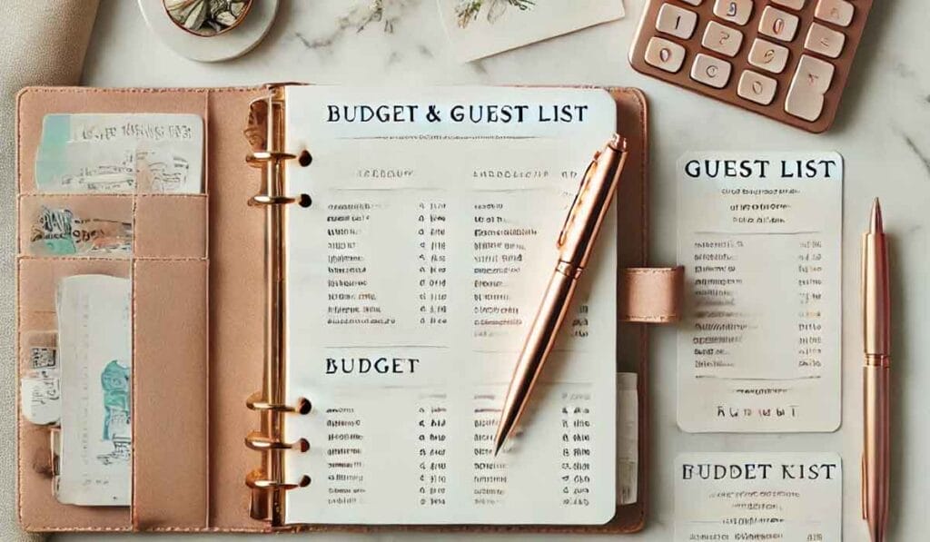 Open planner with pages titled "Budget & Guest List," surrounded by receipts, a pen, calculator, and a guest list card, on a marble surface.